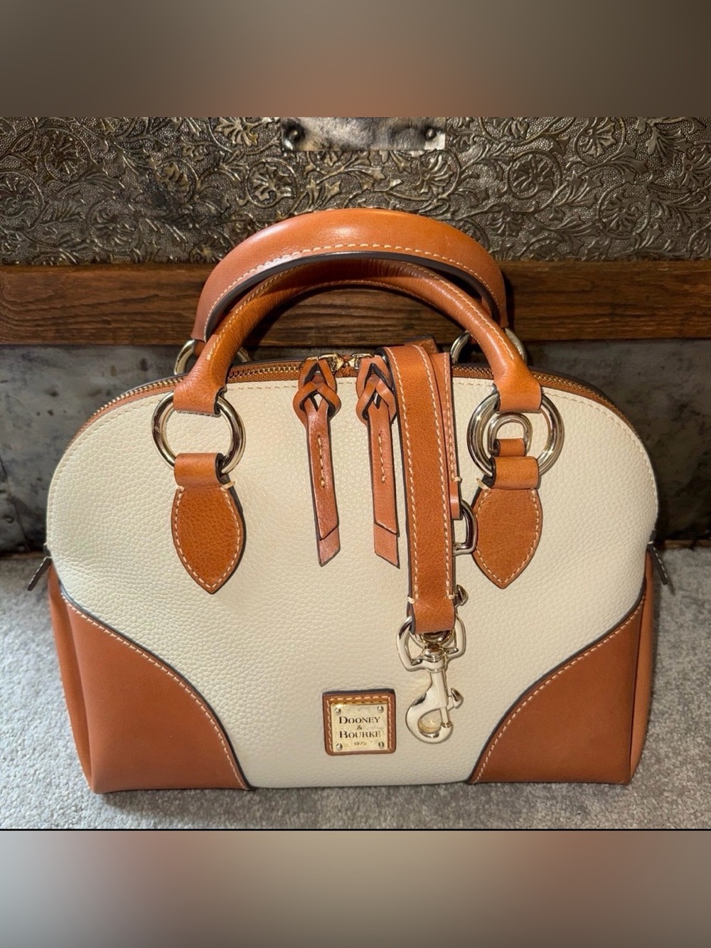 Dooney & Bourke Pebble Leather with Florentine Trim Domed Satchel, Bone